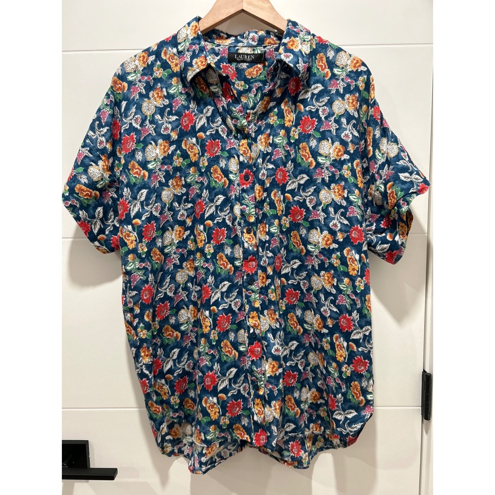 Lauren Ralph Lauren Men XL 100% Linen Short Sleeve Floral Button Down Shirt Blue